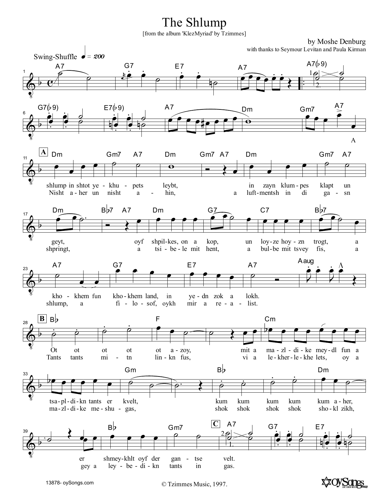 Download Moshe Denburg The Shlump Sheet Music and learn how to play Melody Line, Lyrics & Chords PDF digital score in minutes