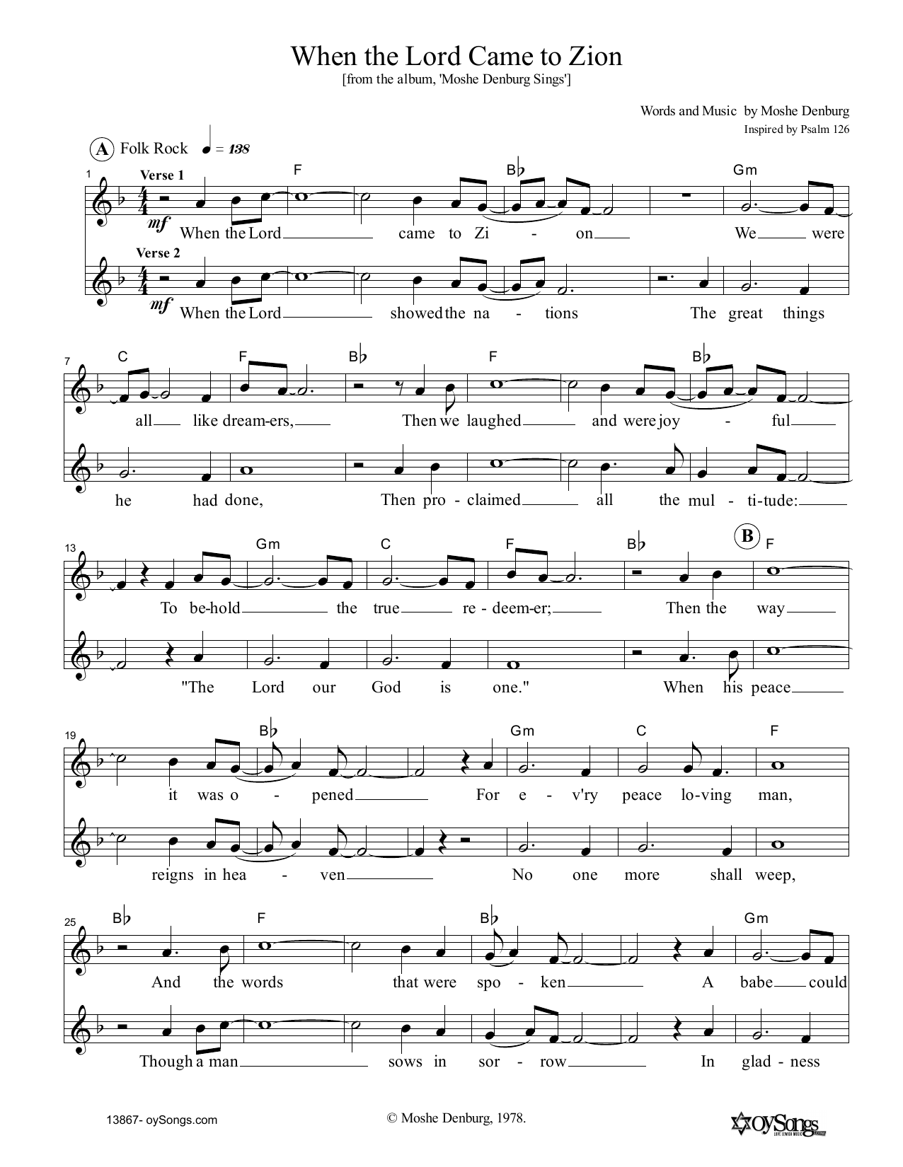 Download Moshe Denburg When The Lord Came To Zion Sheet Music and learn how to play Melody Line, Lyrics & Chords PDF digital score in minutes