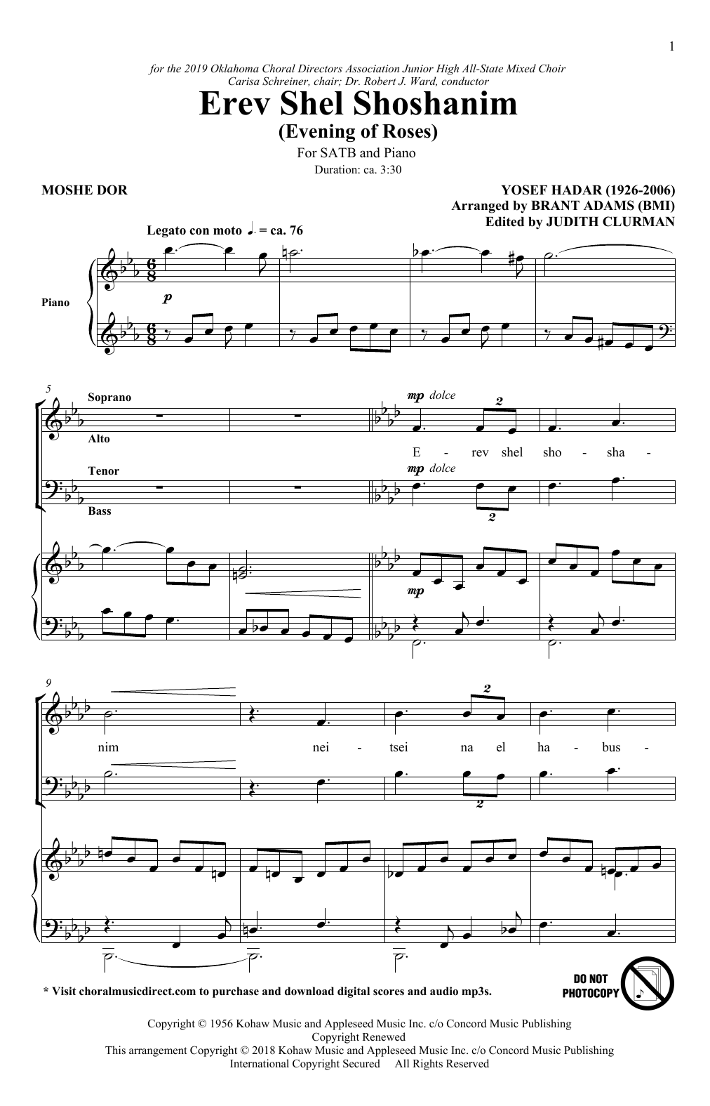 Download Moshe Dor & Yosef Hadar Erev Shel Shoshanim (arr. Brant Adams) Sheet Music and learn how to play SATB Choir PDF digital score in minutes