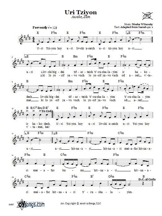 Download Moshe Wilensky Uri Tziyon (Awake, Zion) Sheet Music and learn how to play Melody Line, Lyrics & Chords PDF digital score in minutes