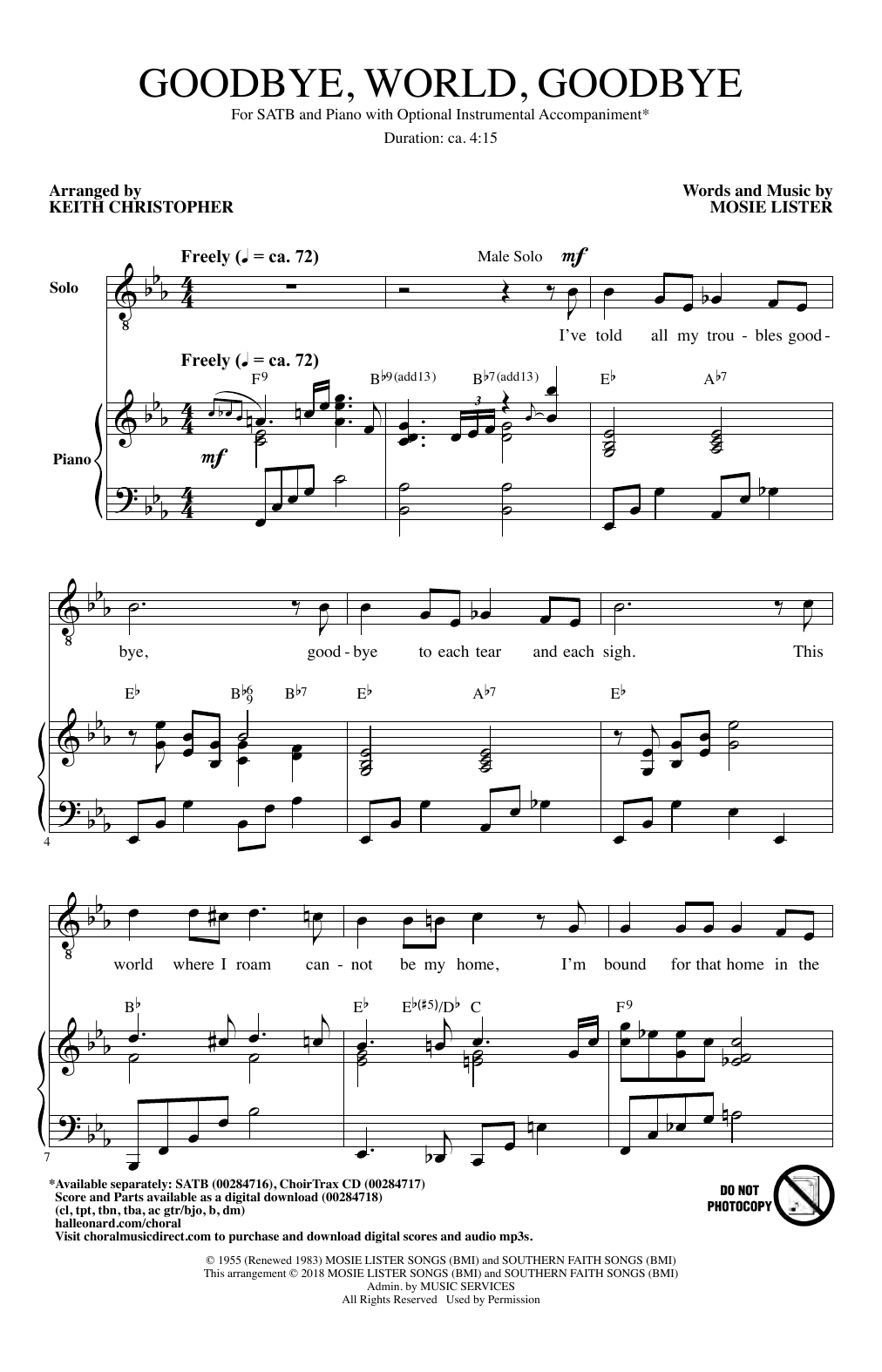 Download Mosie Lister Goodbye World Goodbye (arr. Keith Christopher) Sheet Music and learn how to play SATB Choir PDF digital score in minutes