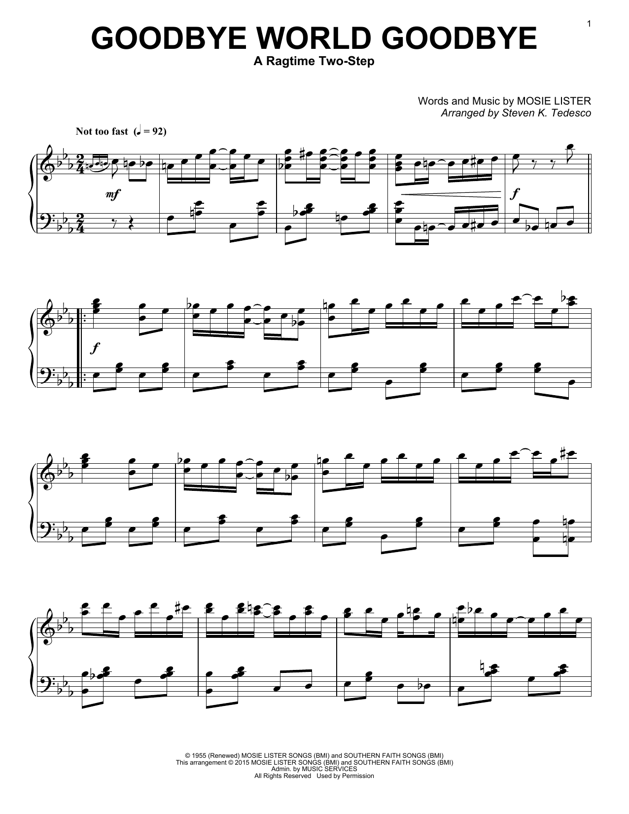 Download Mosie Lister Goodbye World Goodbye (arr. Steven K. Tedesco) Sheet Music and learn how to play Piano Solo PDF digital score in minutes