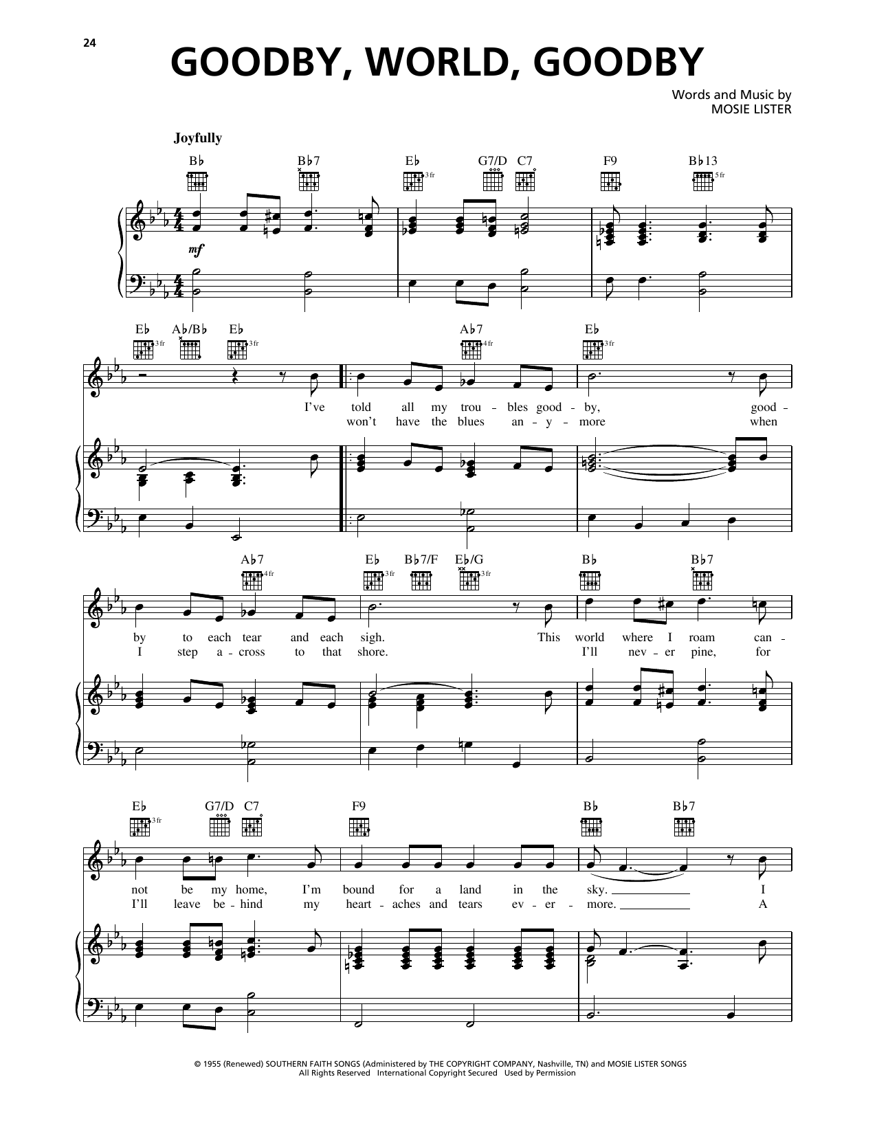 Download Mosie Lister Goodbye World Goodbye Sheet Music and learn how to play Piano, Vocal & Guitar Chords (Right-Hand Melody) PDF digital score in minutes