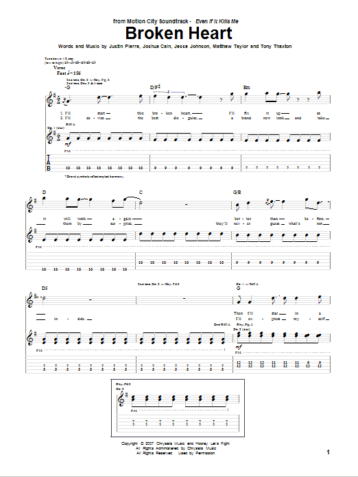 Download Motion City Soundtrack Broken Heart Sheet Music and learn how to play Guitar Tab PDF digital score in minutes