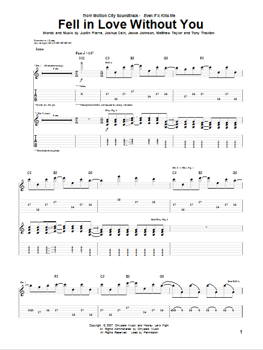 Download Motion City Soundtrack Fell In Love Without You Sheet Music and learn how to play Guitar Tab PDF digital score in minutes