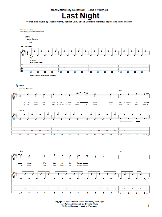 Download Motion City Soundtrack Last Night Sheet Music and learn how to play Guitar Tab PDF digital score in minutes