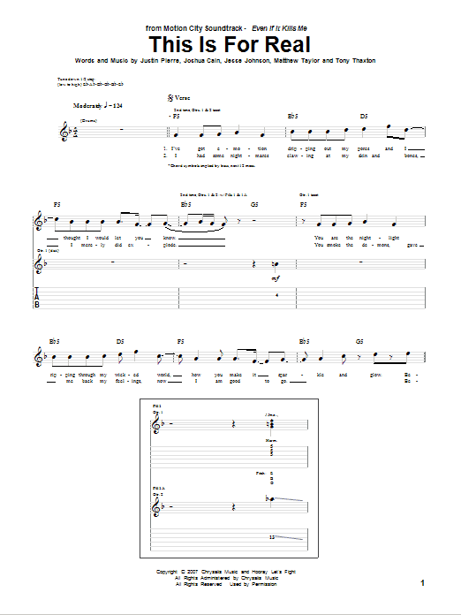 Download Motion City Soundtrack This Is For Real Sheet Music and learn how to play Guitar Tab PDF digital score in minutes