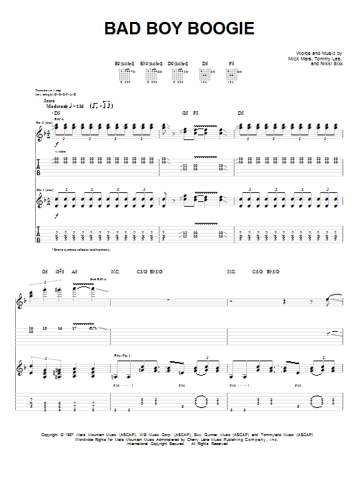 Download Motley Crue Bad Boy Boogie Sheet Music and learn how to play Guitar Tab PDF digital score in minutes