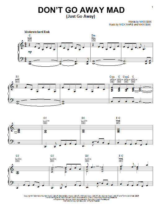 Download Motley Crue Don't Go Away Mad (Just Go Away) Sheet Music and learn how to play Piano, Vocal & Guitar (Right-Hand Melody) PDF digital score in minutes