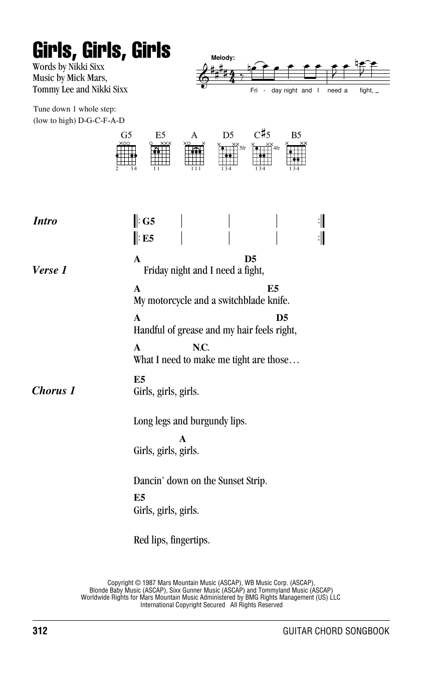 Download Motley Crue Girls, Girls, Girls Sheet Music and learn how to play Guitar Chords/Lyrics PDF digital score in minutes