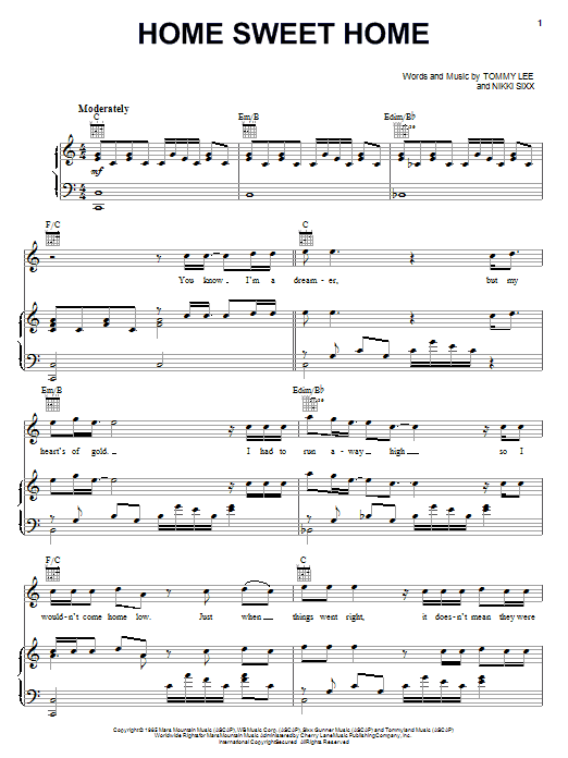 Download Motley Crue Home Sweet Home Sheet Music and learn how to play Piano, Vocal & Guitar (Right-Hand Melody) PDF digital score in minutes