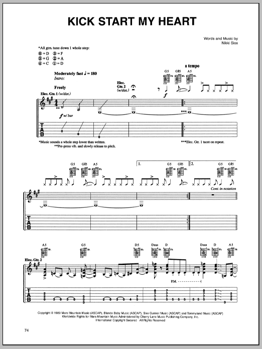 Download Motley Crue Kick Start My Heart Sheet Music and learn how to play Guitar Tab PDF digital score in minutes