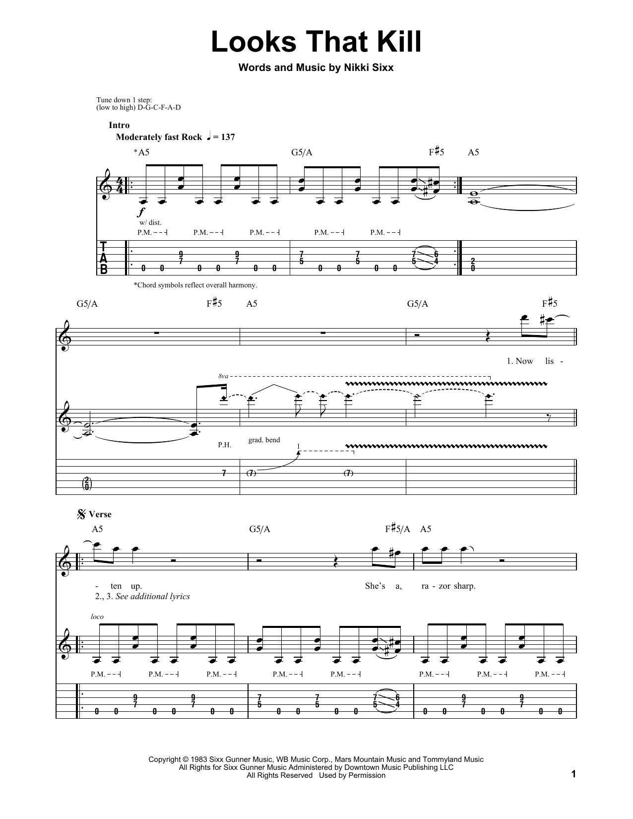 Download Motley Crue Looks That Kill Sheet Music and learn how to play Guitar Tab PDF digital score in minutes