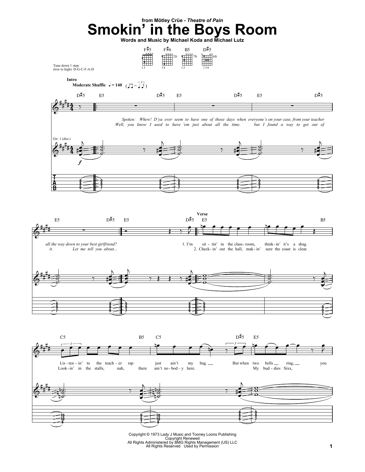 Download Motley Crue Smokin' In The Boys Room Sheet Music and learn how to play Bass Guitar Tab PDF digital score in minutes