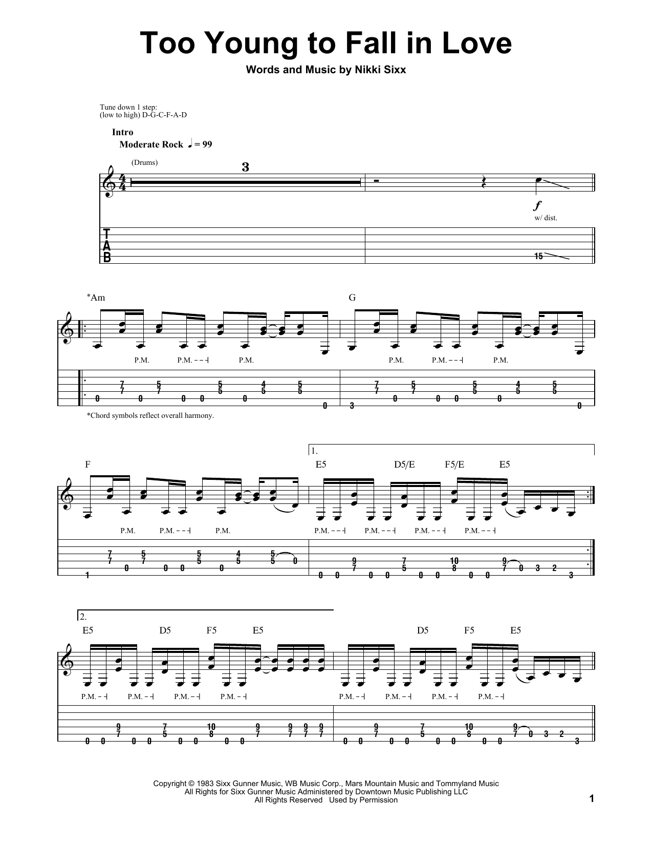 Download Motley Crue Too Young To Fall In Love Sheet Music and learn how to play Drums Transcription PDF digital score in minutes