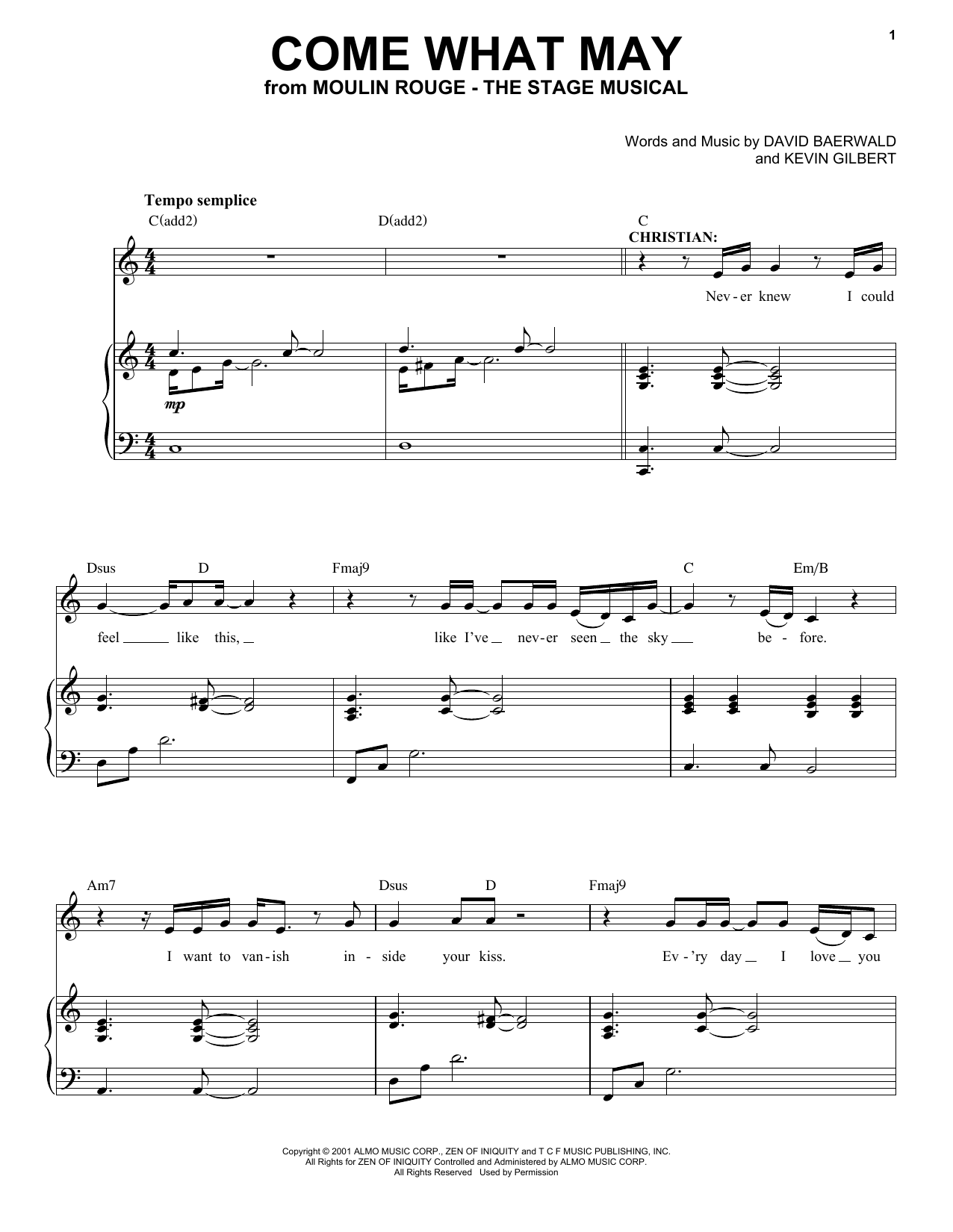 Download Moulin Rouge! The Musical Cast Come What May (from Moulin Rouge! The Musical) Sheet Music and learn how to play Piano & Vocal PDF digital score in minutes