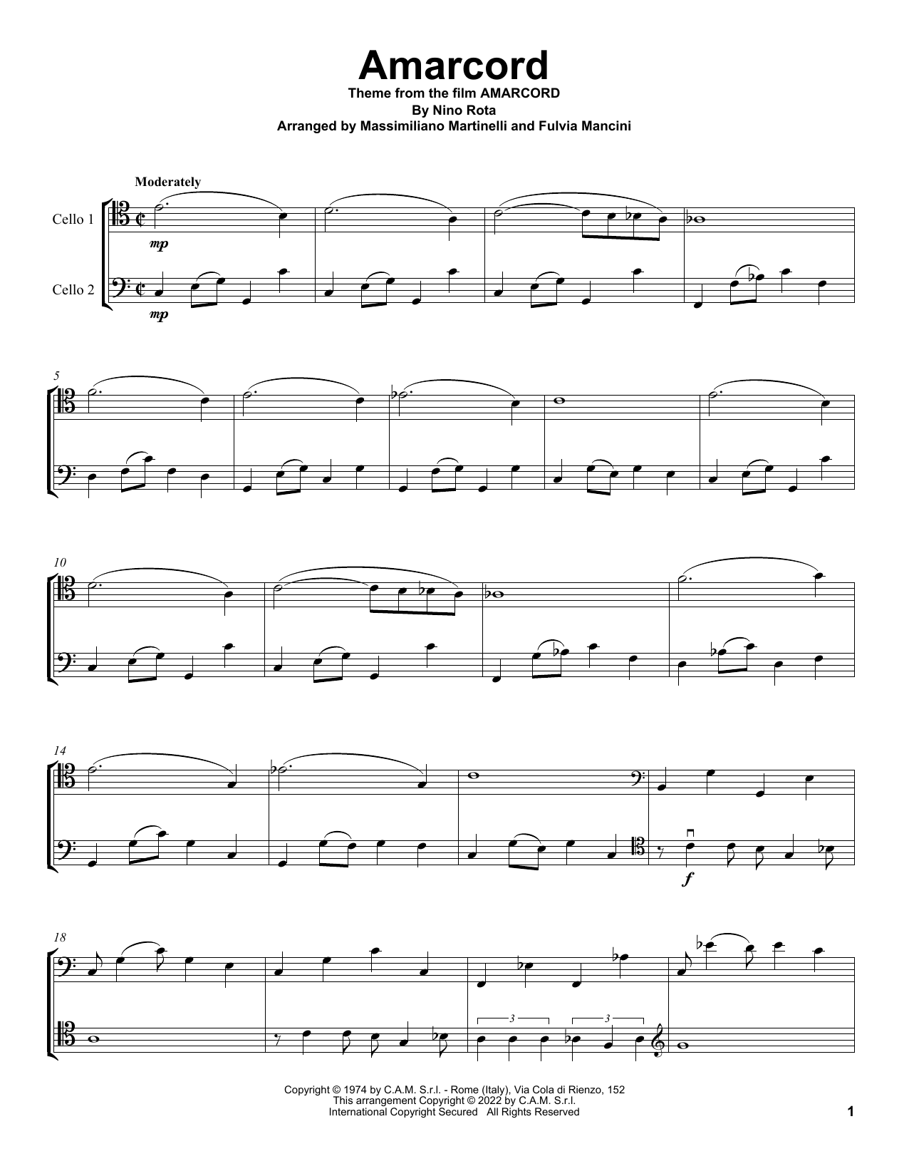 Download Mr & Mrs Cello Amarcord (from Amarcord) Sheet Music and learn how to play Cello Duet PDF digital score in minutes