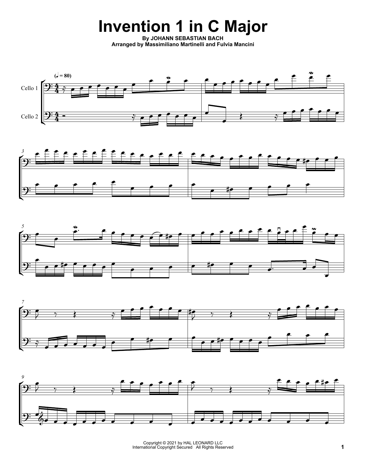 Download Mr & Mrs Cello Invention 1 In C Major Sheet Music and learn how to play Cello Duet PDF digital score in minutes