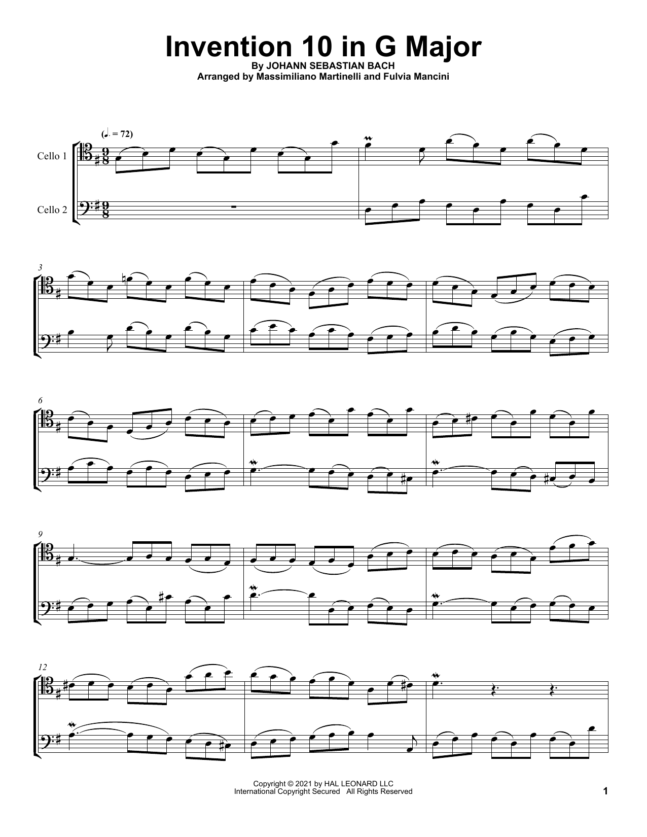Download Mr & Mrs Cello Invention 10 In G Major Sheet Music and learn how to play Cello Duet PDF digital score in minutes