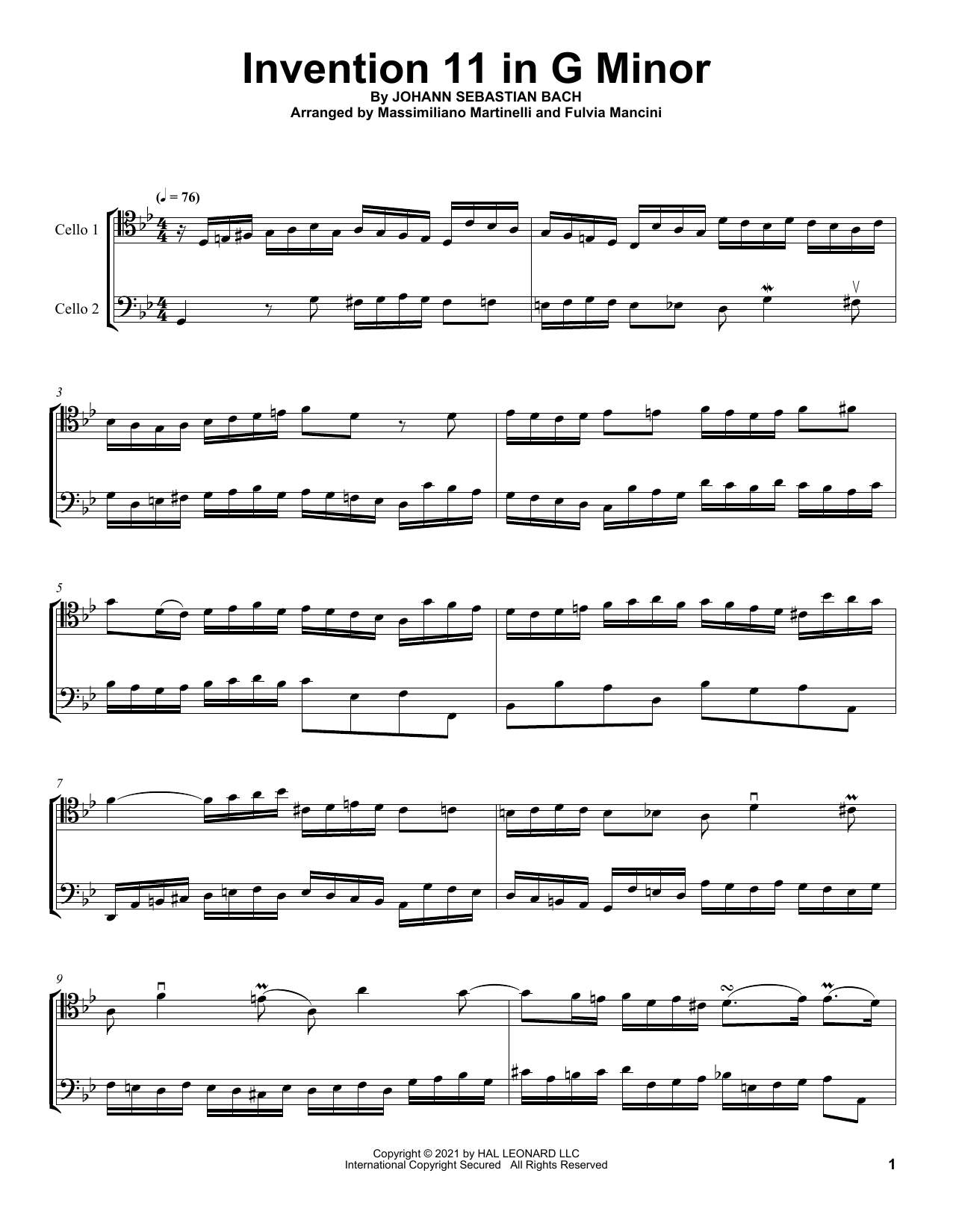 Download Mr & Mrs Cello Invention 11 In G Minor Sheet Music and learn how to play Cello Duet PDF digital score in minutes