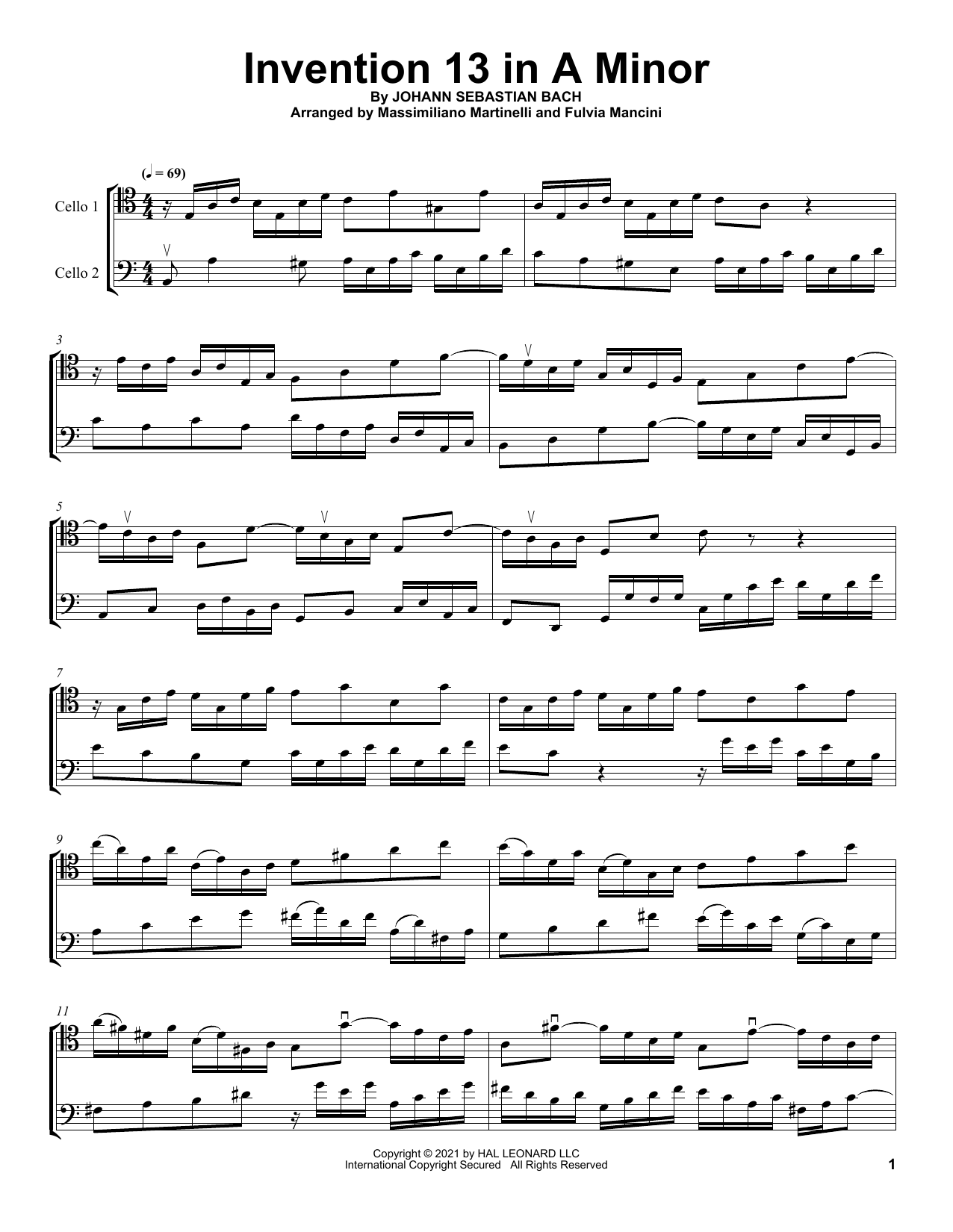 Download Mr & Mrs Cello Invention 13 In A Minor Sheet Music and learn how to play Cello Duet PDF digital score in minutes