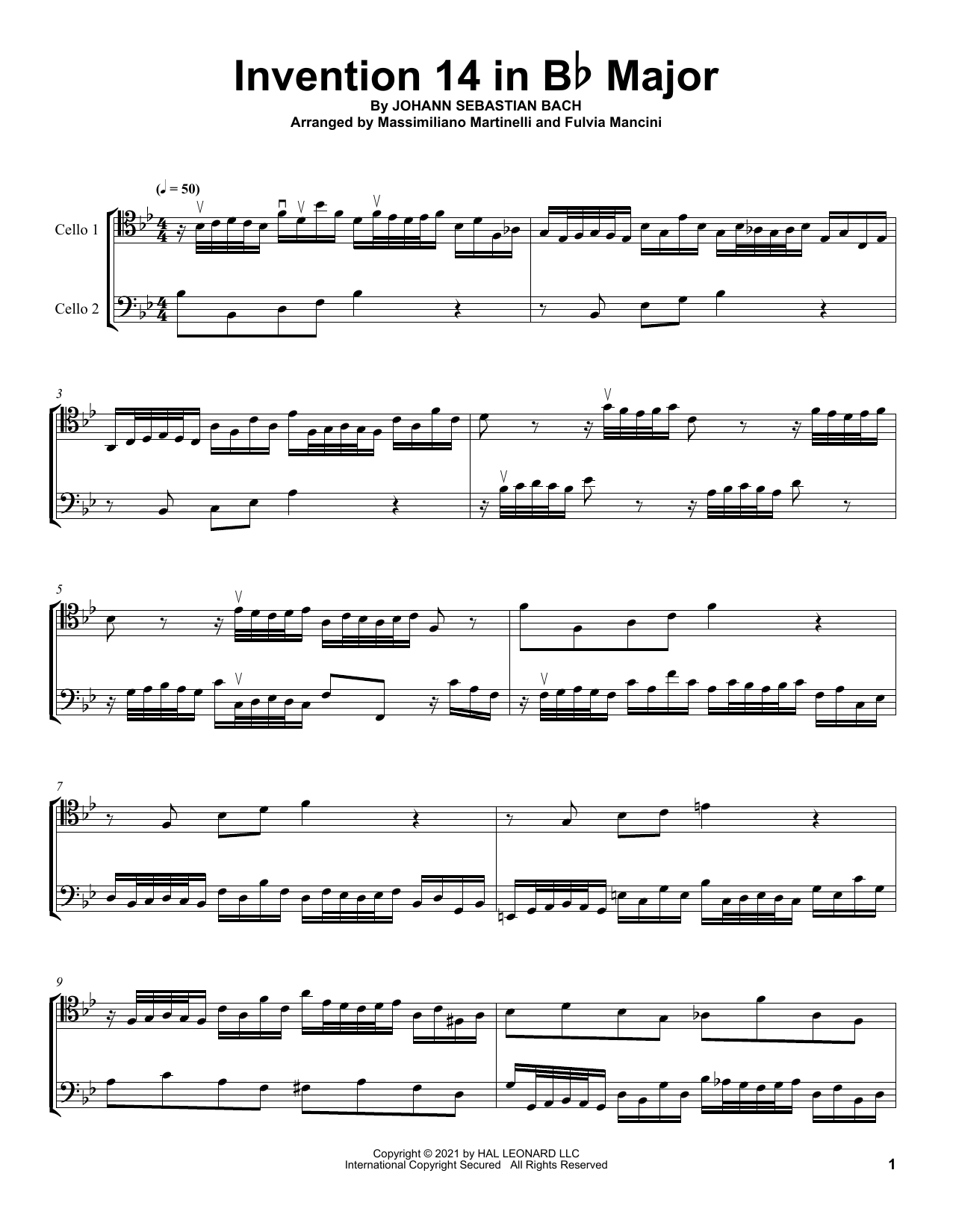 Download Mr & Mrs Cello Invention 14 In B-Flat Major Sheet Music and learn how to play Cello Duet PDF digital score in minutes