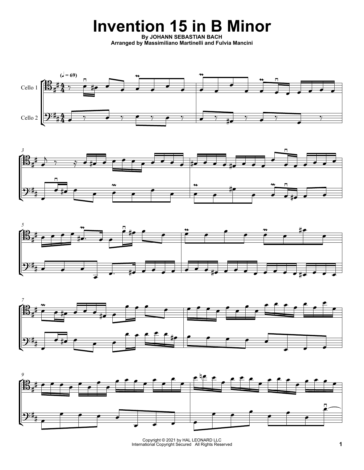 Download Mr & Mrs Cello Invention 15 In B Minor Sheet Music and learn how to play Cello Duet PDF digital score in minutes