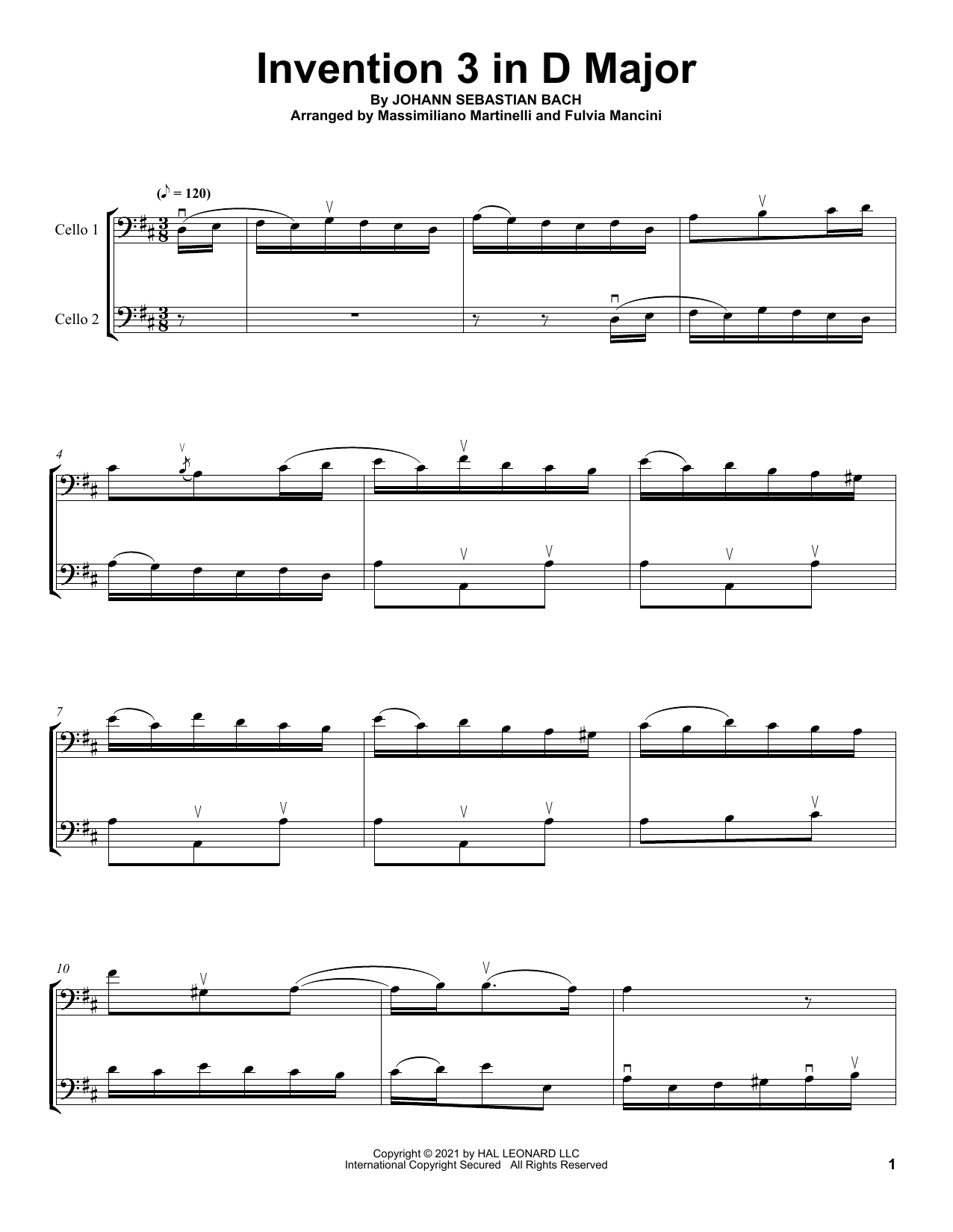Download Mr & Mrs Cello Invention 3 In D Major Sheet Music and learn how to play Cello Duet PDF digital score in minutes