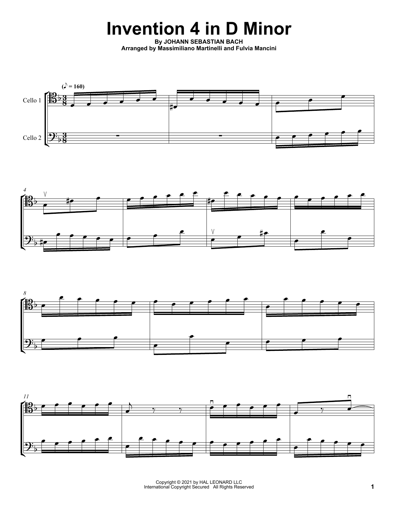 Download Mr & Mrs Cello Invention 4 In D Minor Sheet Music and learn how to play Cello Duet PDF digital score in minutes