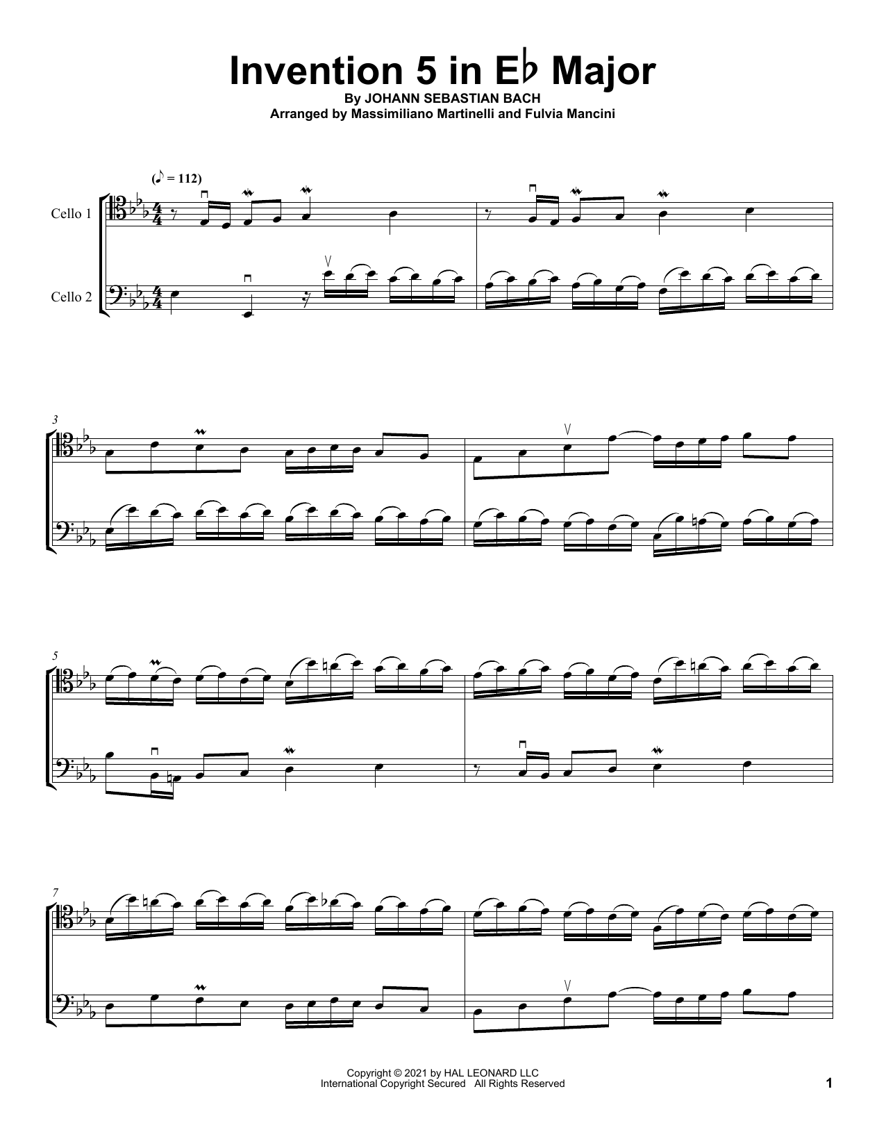 Download Mr & Mrs Cello Invention 5 In E-Flat Major Sheet Music and learn how to play Cello Duet PDF digital score in minutes