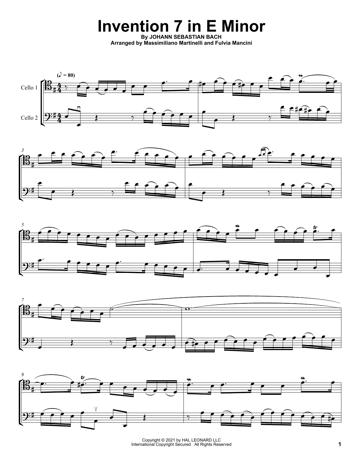 Download Mr & Mrs Cello Invention 7 In E Minor Sheet Music and learn how to play Cello Duet PDF digital score in minutes