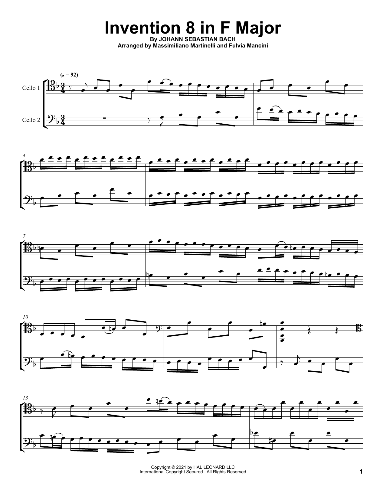 Download Mr & Mrs Cello Invention 8 In F Major Sheet Music and learn how to play Cello Duet PDF digital score in minutes
