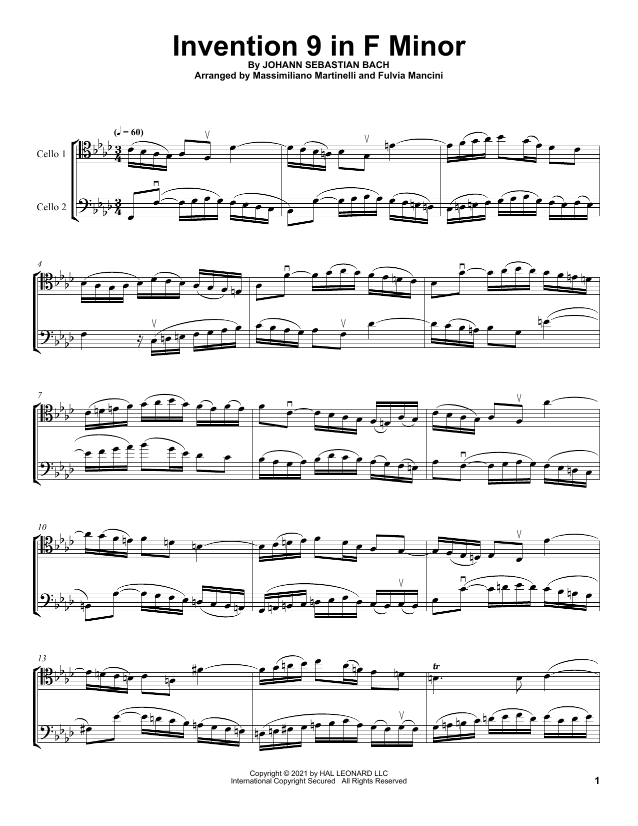 Download Mr & Mrs Cello Invention 9 In F Minor Sheet Music and learn how to play Cello Duet PDF digital score in minutes