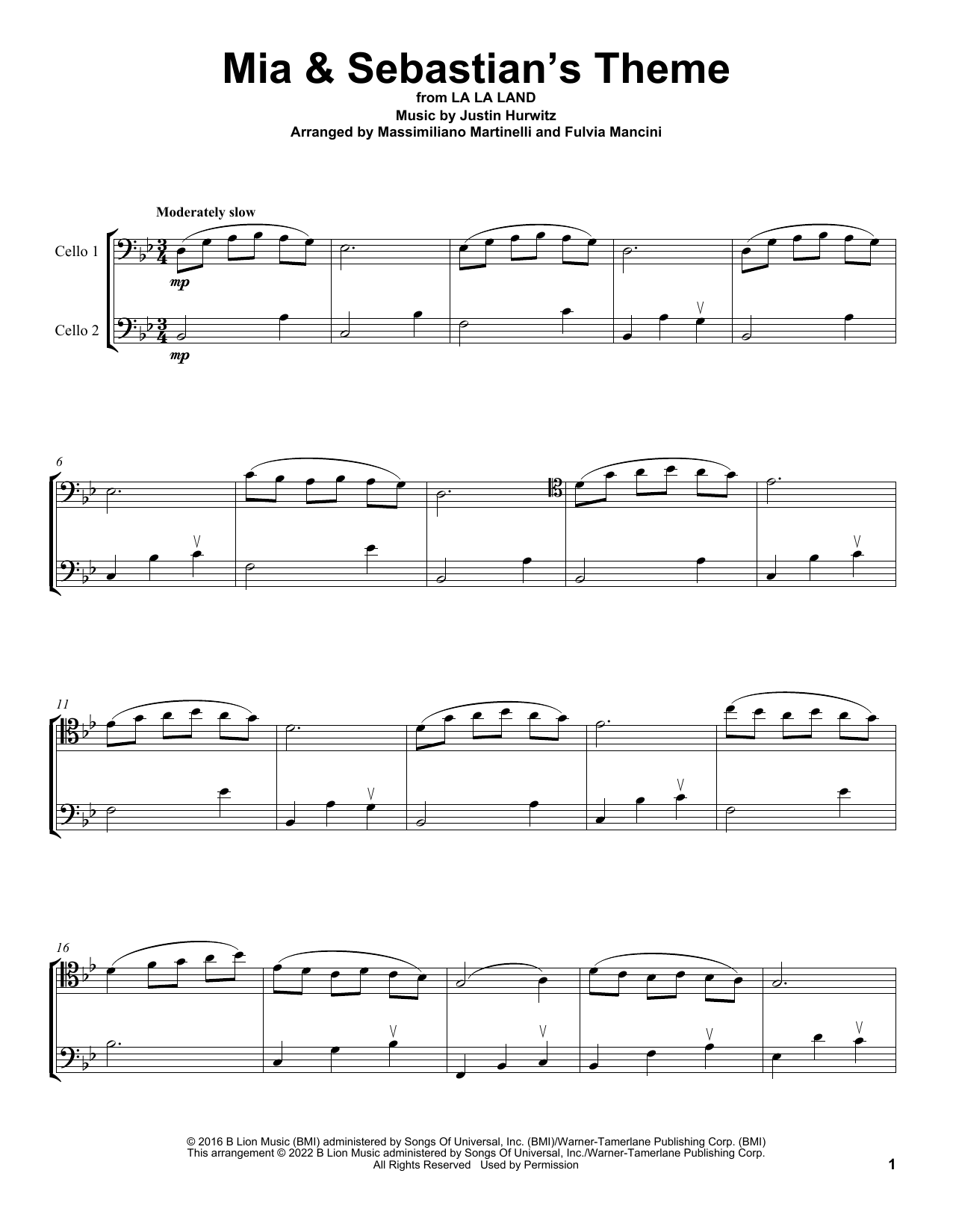 Download Mr & Mrs Cello Mia & Sebastian's Theme (from La La Land) Sheet Music and learn how to play Cello Duet PDF digital score in minutes