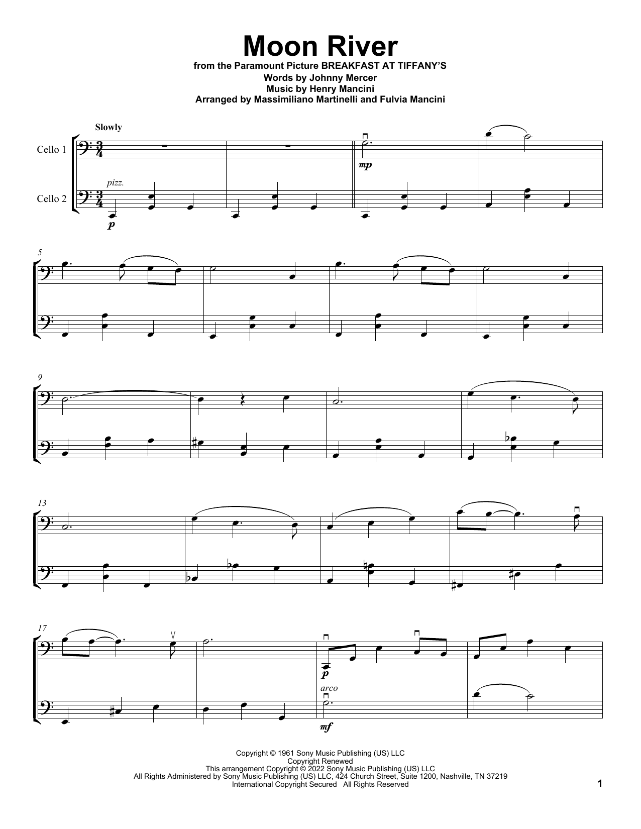 Download Mr & Mrs Cello Moon River Sheet Music and learn how to play Cello Duet PDF digital score in minutes