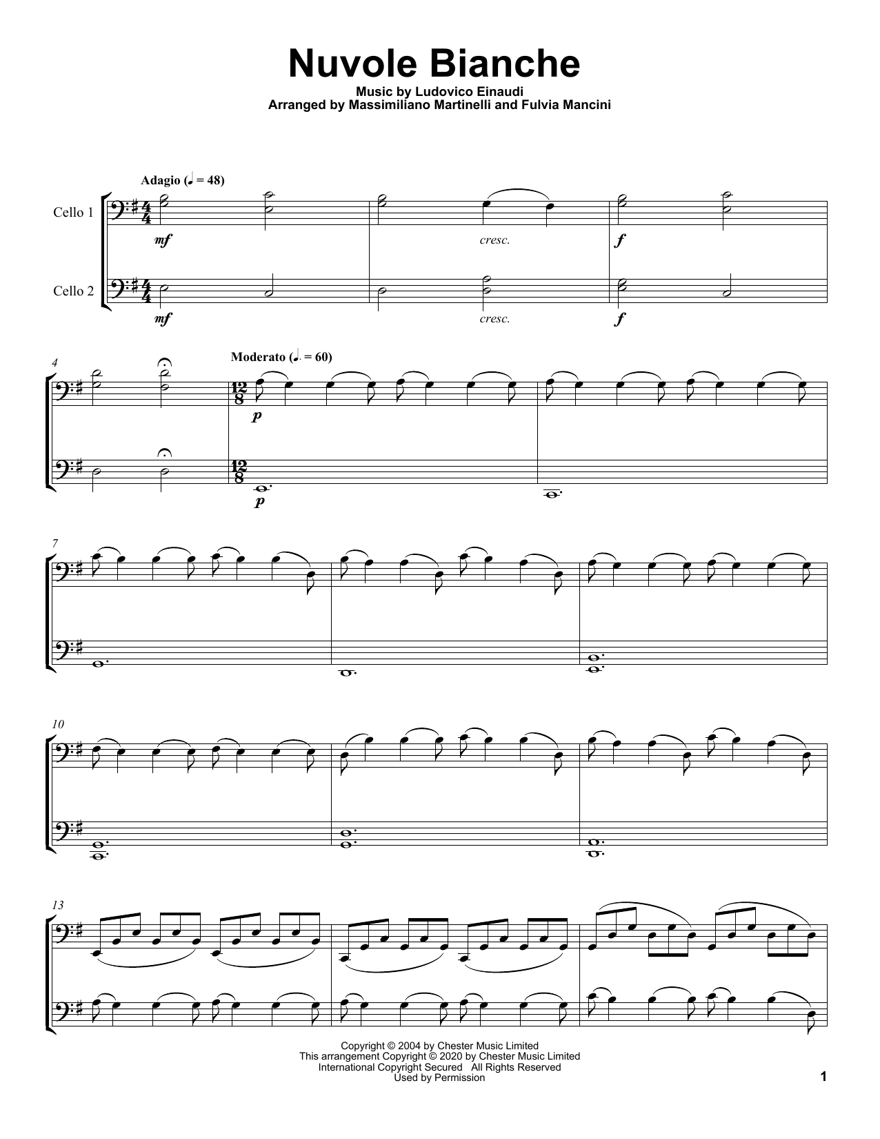 Download Mr & Mrs Cello Nuvole Bianche Sheet Music and learn how to play Cello Duet PDF digital score in minutes