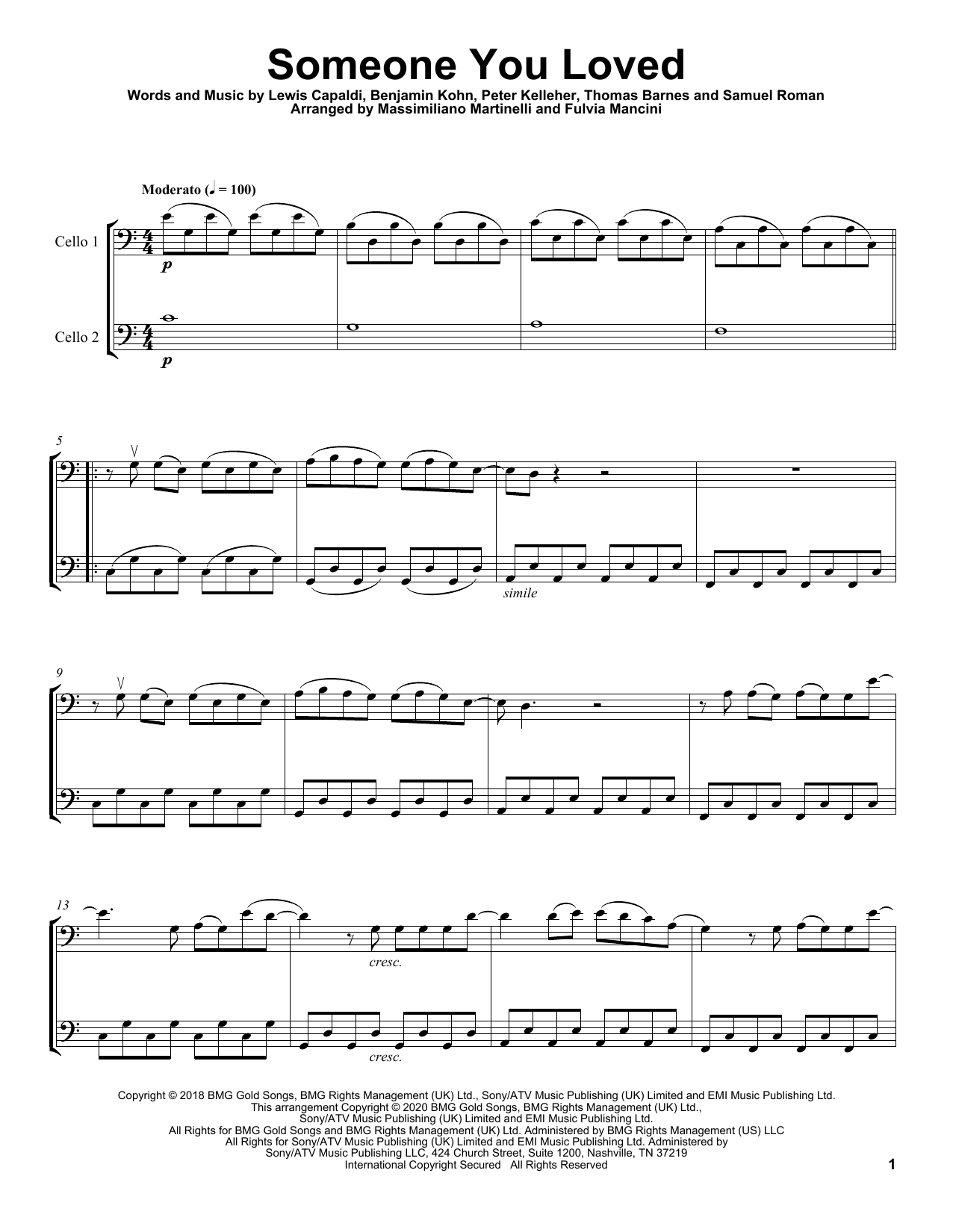 Download Mr & Mrs Cello Someone You Loved Sheet Music and learn how to play Cello Duet PDF digital score in minutes