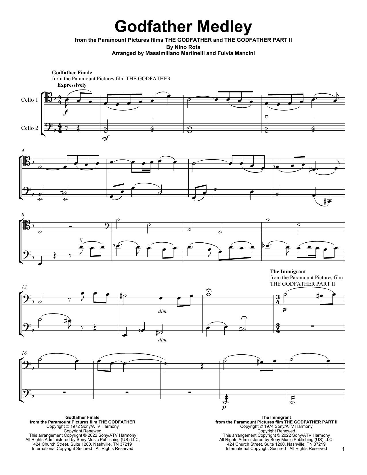 Download Mr & Mrs Cello The Immigrant (from The Godfather Part II) Sheet Music and learn how to play Cello Duet PDF digital score in minutes