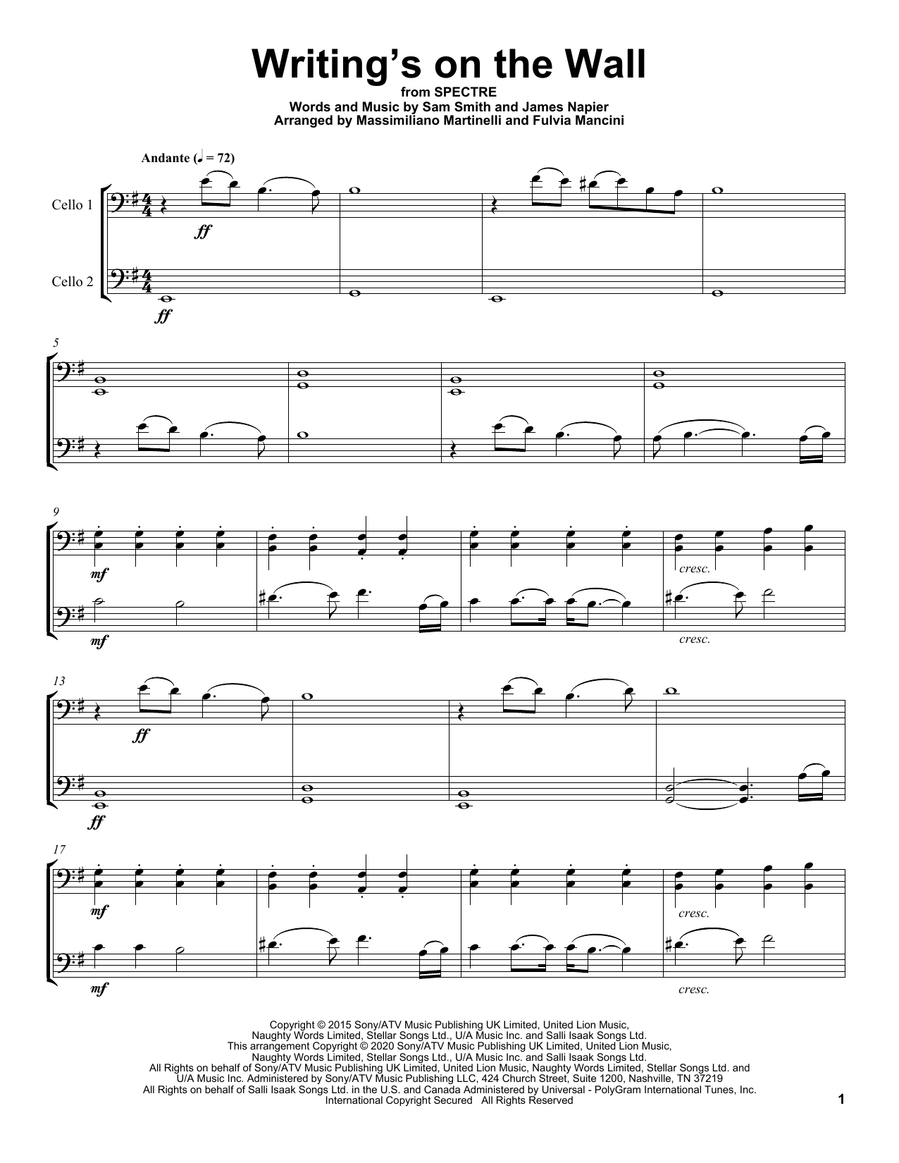 Download Mr & Mrs Cello Writing's On The Wall Sheet Music and learn how to play Cello Duet PDF digital score in minutes