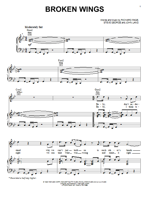 Download Mr. Mister Broken Wings Sheet Music and learn how to play Piano, Vocal & Guitar (Right-Hand Melody) PDF digital score in minutes