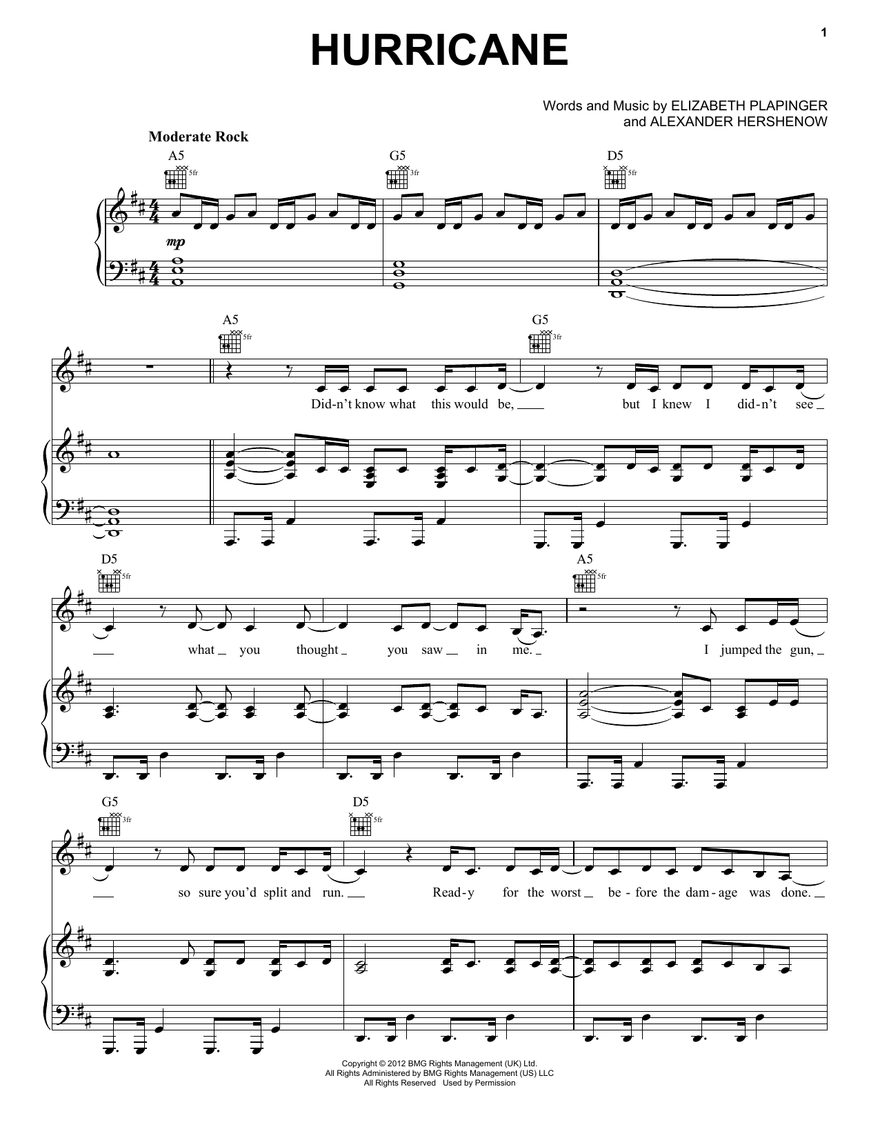 Download MS MR Hurricane Sheet Music and learn how to play Piano, Vocal & Guitar (Right-Hand Melody) PDF digital score in minutes