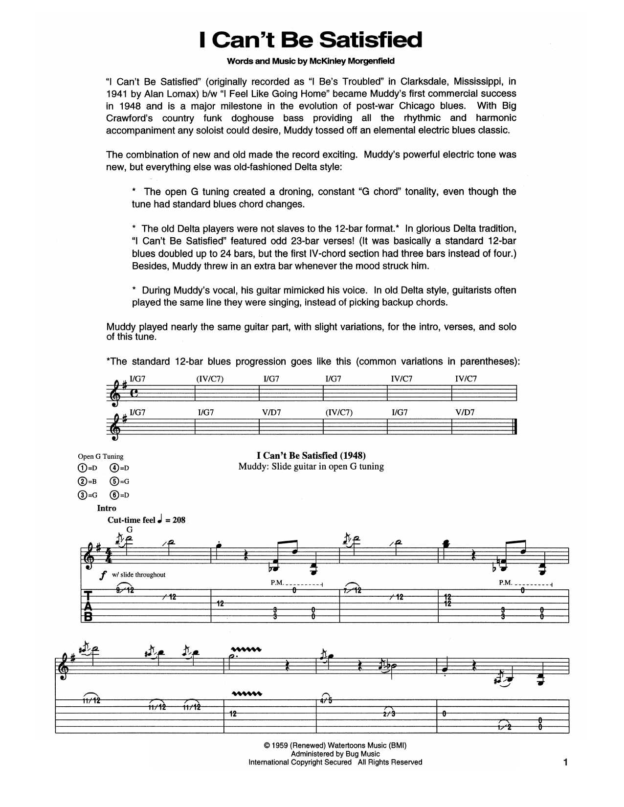Download Muddy Waters I Can't Be Satisfied Sheet Music and learn how to play Dobro PDF digital score in minutes