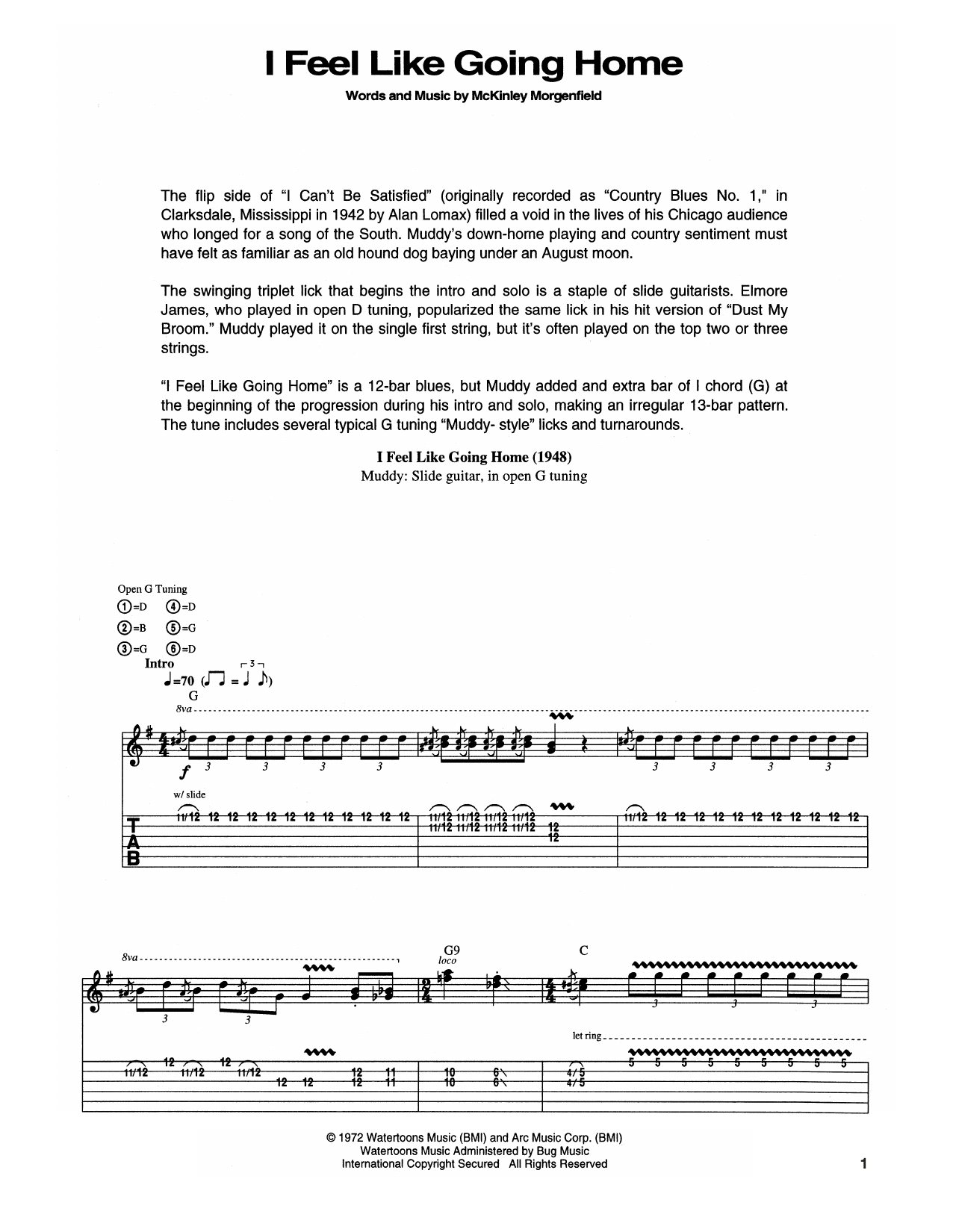 Download Muddy Waters I Feel Like Going Home Sheet Music and learn how to play Guitar Tab PDF digital score in minutes