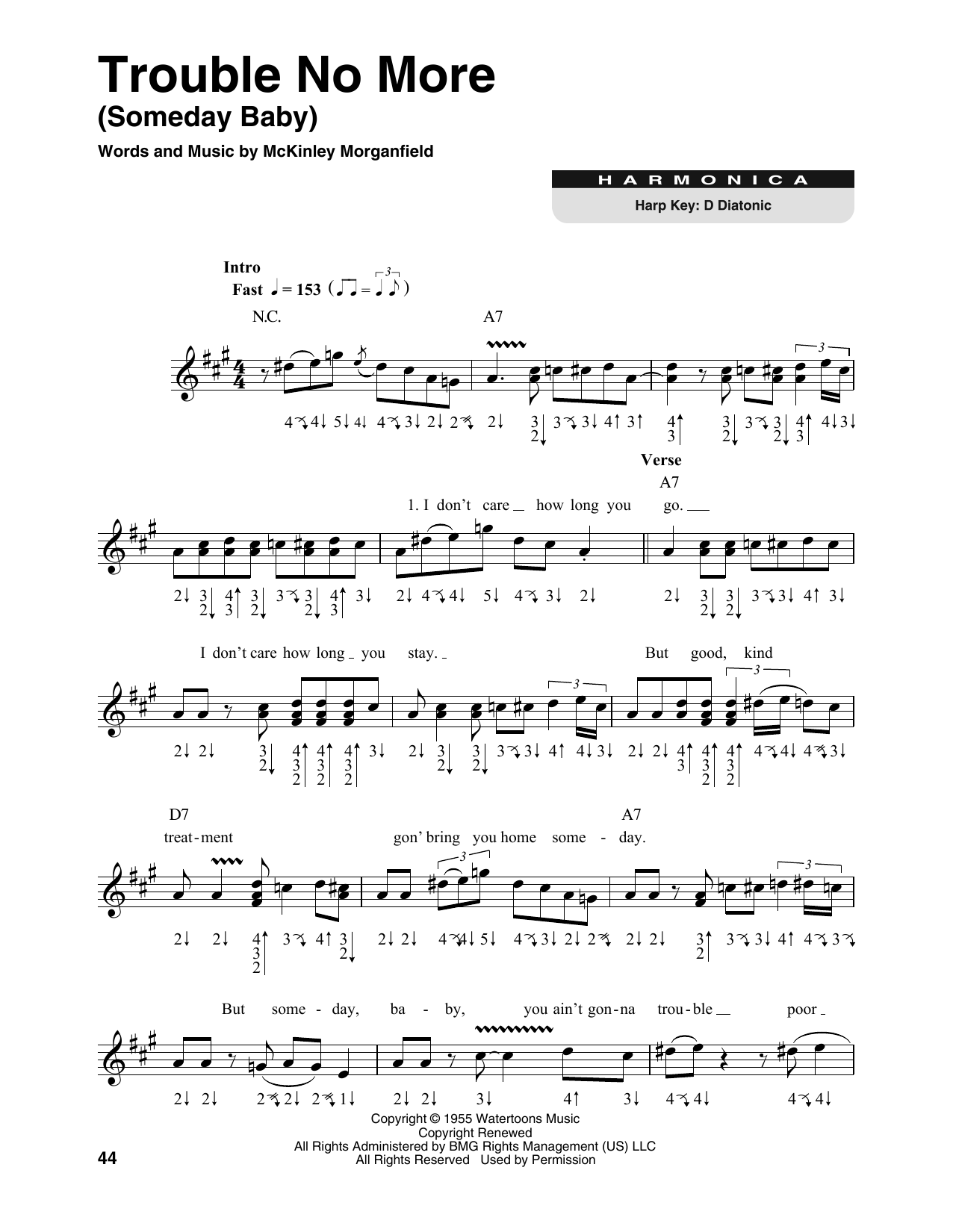 Download Muddy Waters Trouble No More (Someday Baby) Sheet Music and learn how to play Harmonica PDF digital score in minutes