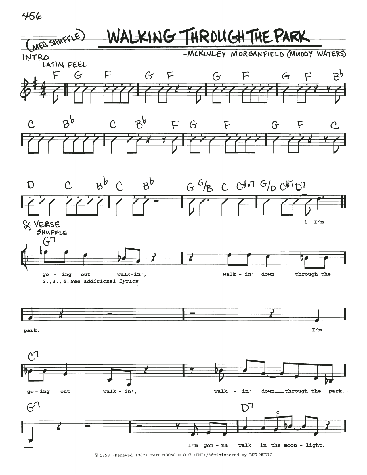 Download Muddy Waters Walking Through The Park Sheet Music and learn how to play Real Book – Melody, Lyrics & Chords PDF digital score in minutes