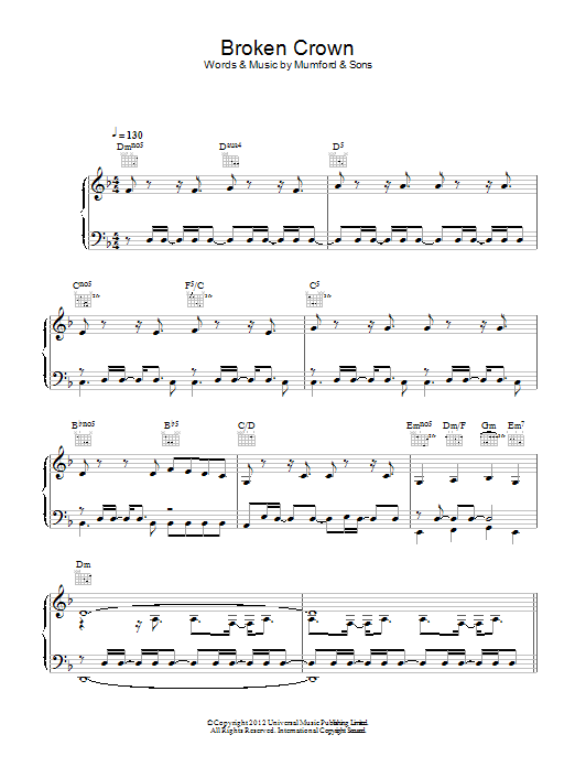 Download Mumford & Sons Broken Crown Sheet Music and learn how to play Piano, Vocal & Guitar (Right-Hand Melody) PDF digital score in minutes