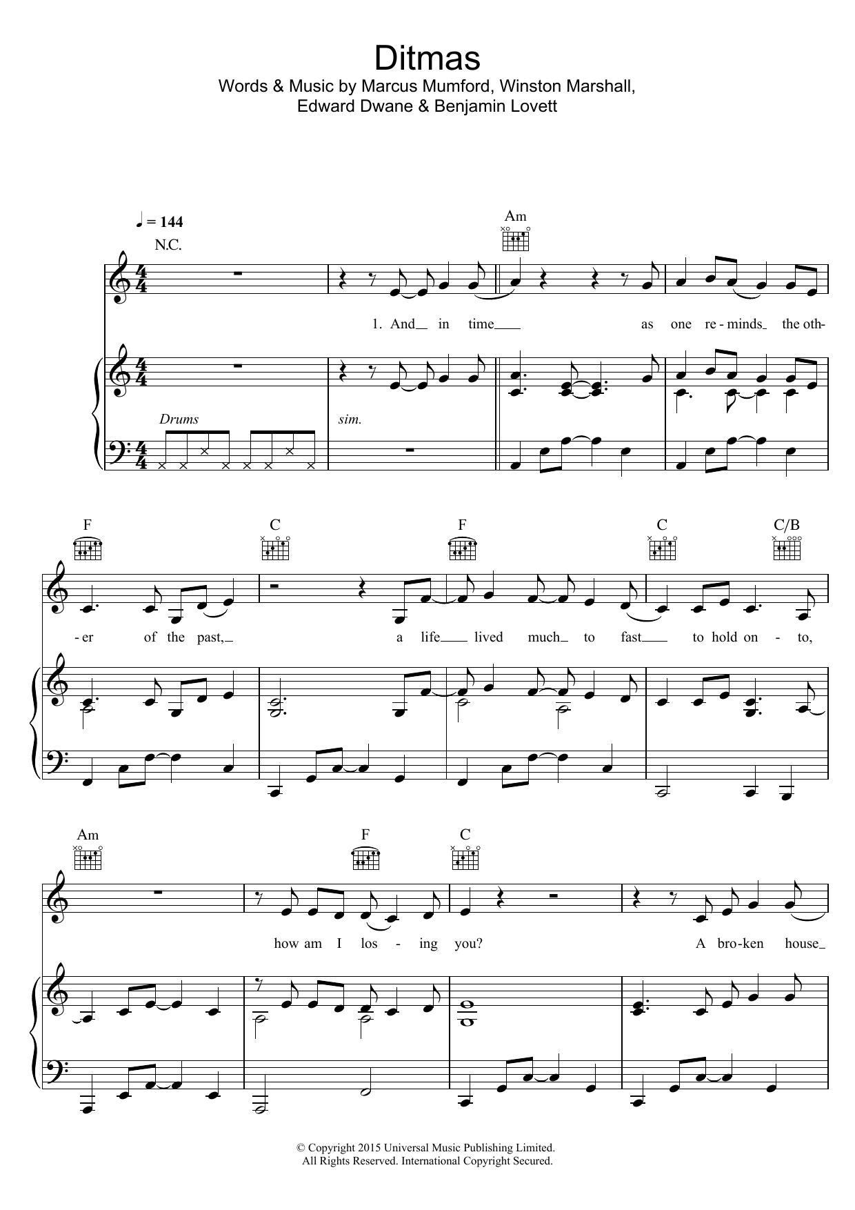 Download Mumford & Sons Ditmas Sheet Music and learn how to play Piano, Vocal & Guitar (Right-Hand Melody) PDF digital score in minutes
