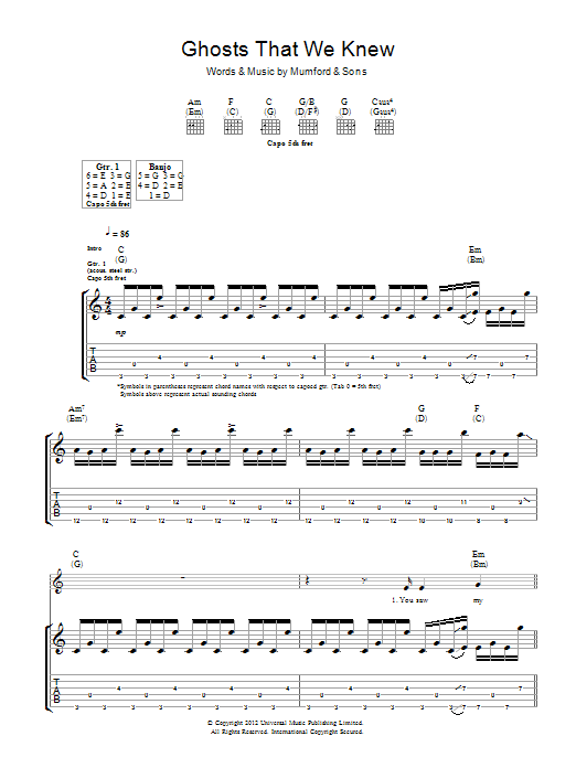 Download Mumford & Sons Ghosts That We Knew Sheet Music and learn how to play Piano, Vocal & Guitar (Right-Hand Melody) PDF digital score in minutes