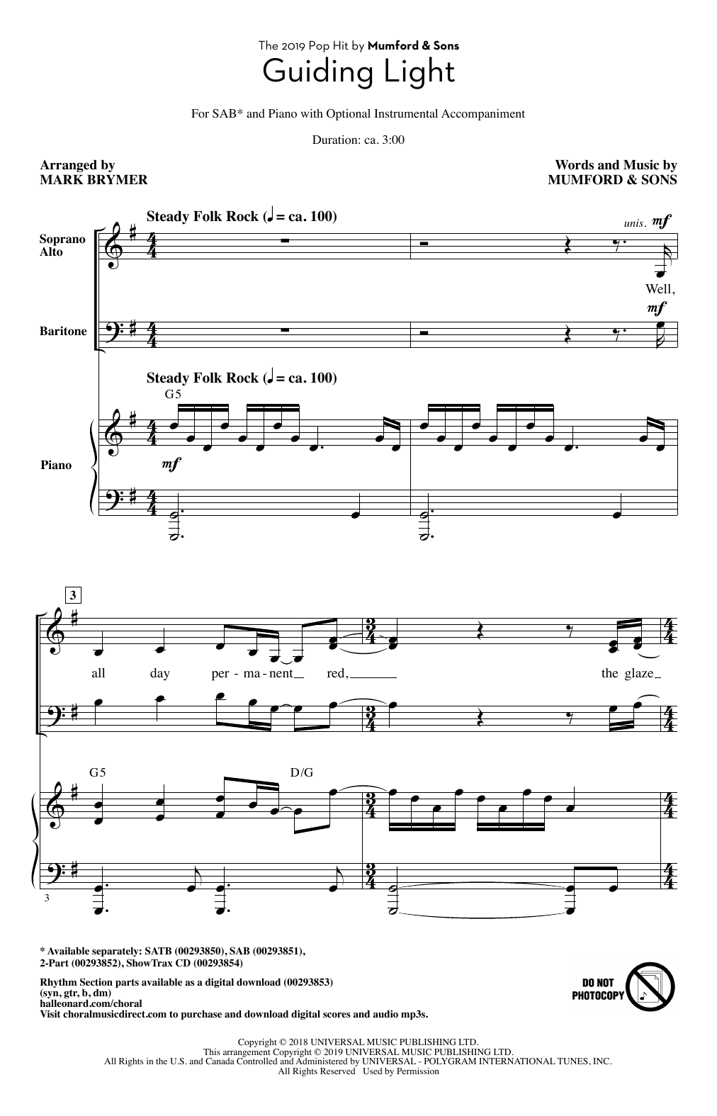 Download Mumford & Sons Guiding Light (arr. Mark Brymer) Sheet Music and learn how to play 2-Part Choir PDF digital score in minutes