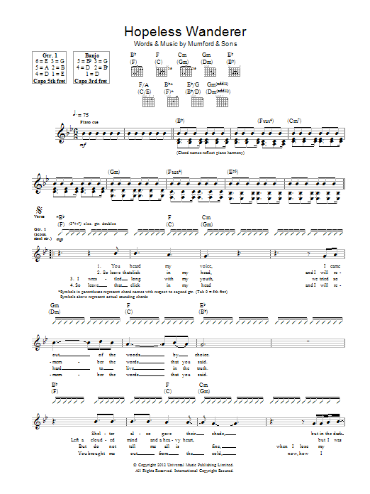 Download Mumford & Sons Hopeless Wanderer Sheet Music and learn how to play Guitar Tab PDF digital score in minutes